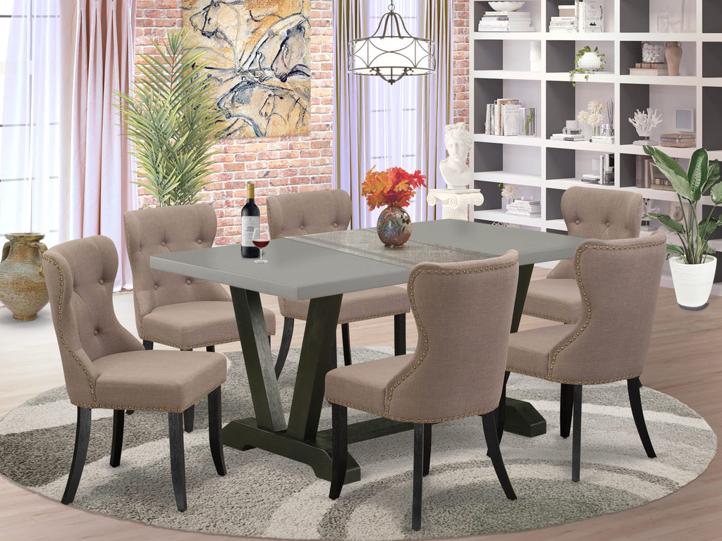 V696SCPBO-6 7 Pc Rectangle Table & 6 Coffee Linen Fabric Dining Chairs with V-Leg Design, 36x60, Multi-Color