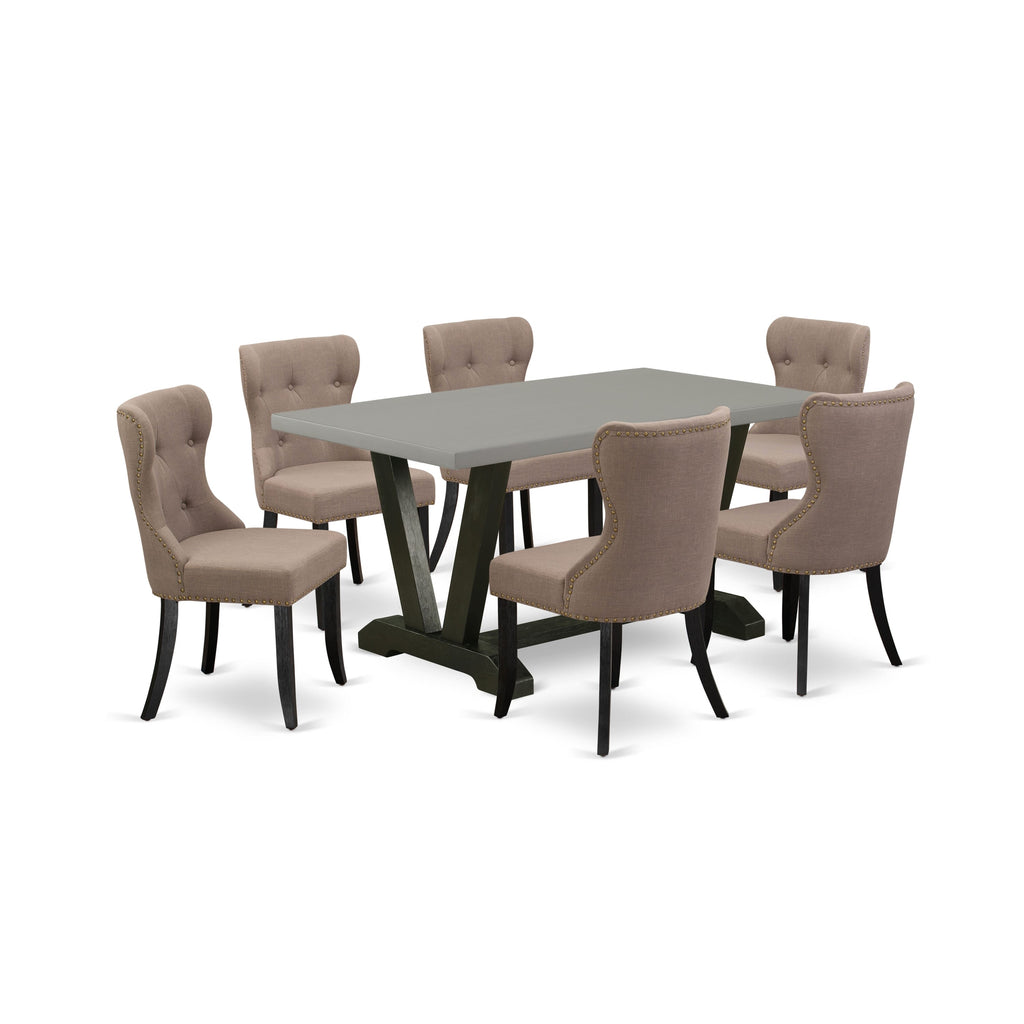 V696SCPBO-6 7 Pc Rectangle Table & 6 Coffee Linen Fabric Dining Chairs with V-Leg Design, 36x60, Multi-Color
