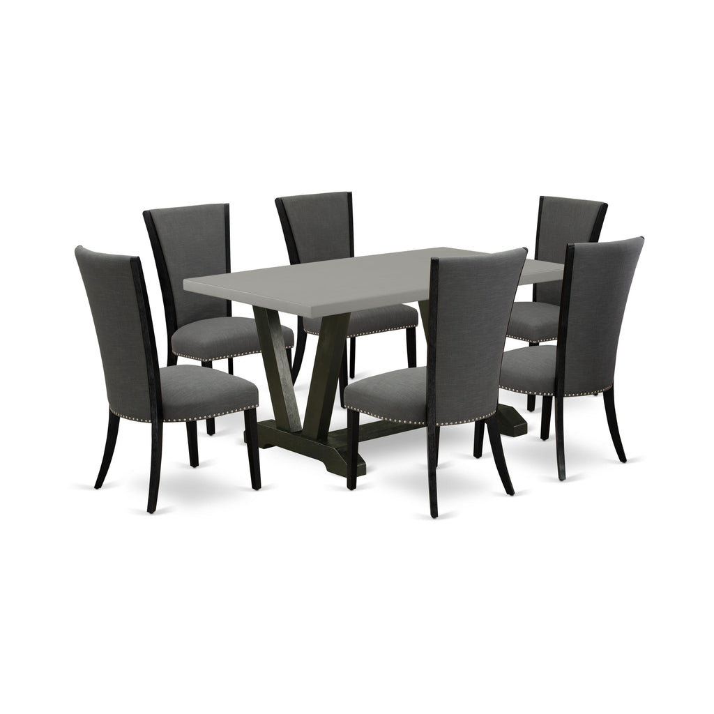 V696VD1XL-8 Modern Wirebrushed Dining Set - Beautiful Rectangle Table with 6 Elegant Cement Chairs