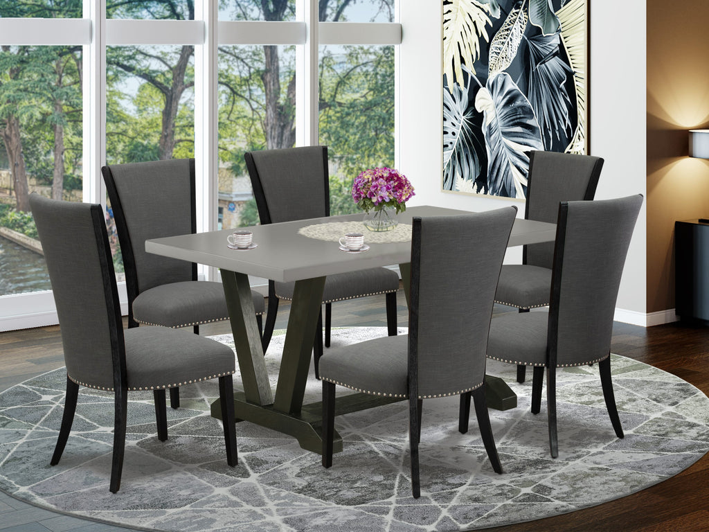 V696VD1XL-8 Modern Wirebrushed Dining Set - Beautiful Rectangle Table with 6 Elegant Cement Chairs
