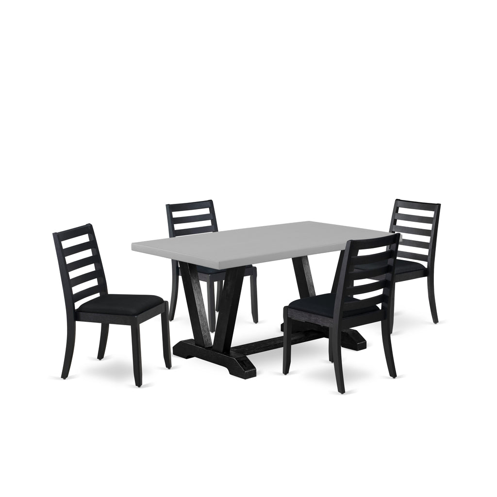 V696XKK7S-K 5-piece Dining Set with Cement Table Top and Stackable Black Chairs, Wire-brushed