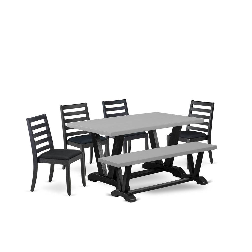 V696XEXS3-H 6-Piece Dining Ensemble Cement Top Table, Bench & Linen Chairs in Black Finish