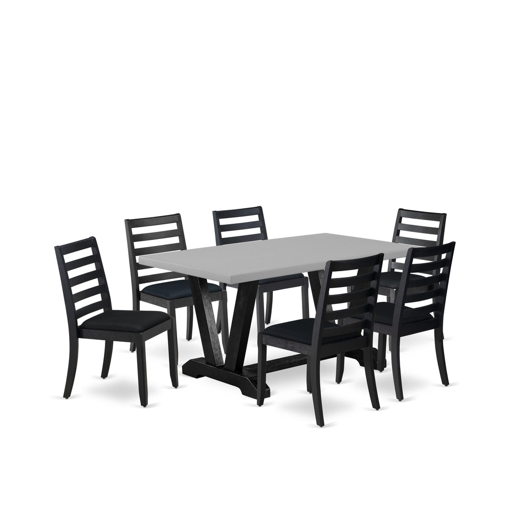 V696XH94Y-A Premium 7-Piece Dining Ensemble with Cement Tabletop and Chic Black Chairs