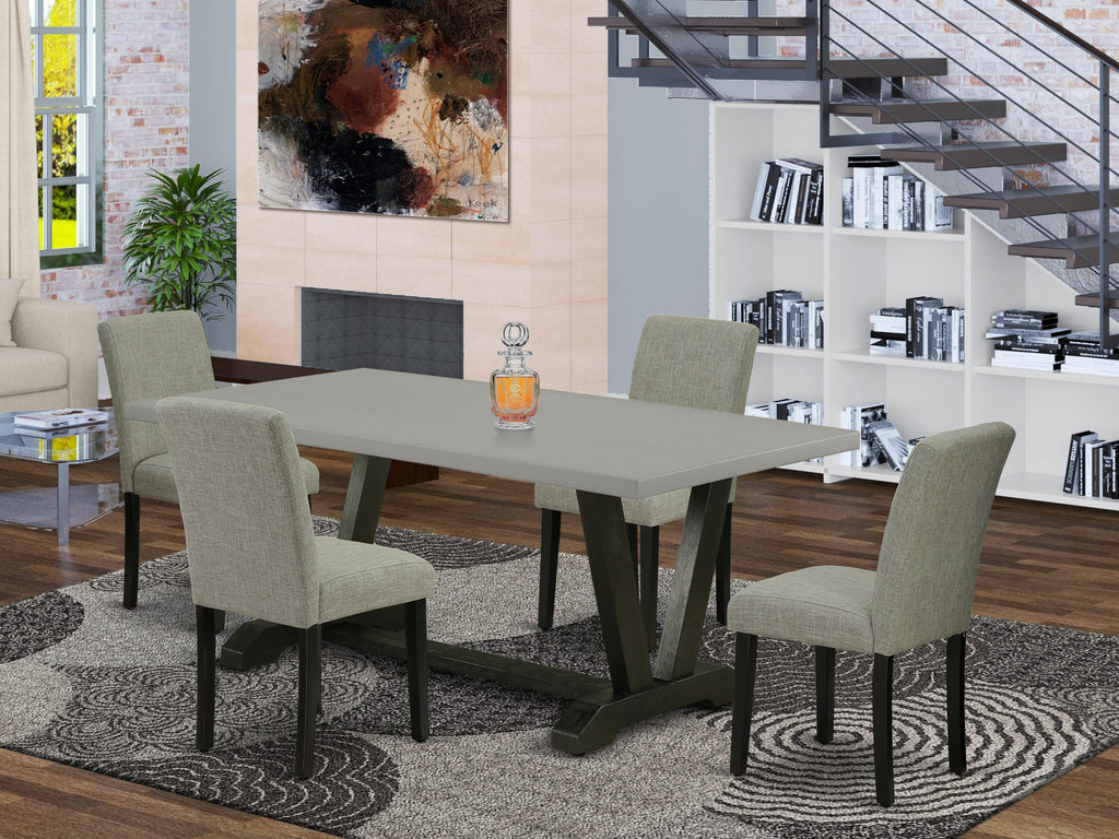 V697A5FLB-L 5 Piece Dining Collection for 4 - V-Leg Rectangle Table & Shitake Upholstered Parson Chairs, Multi-Color