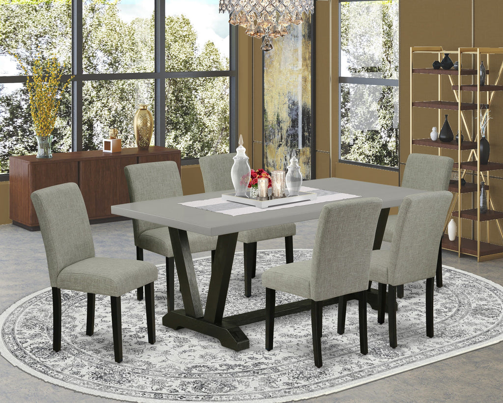 V697A5SJW-X 7 Pc Dining Set Rectangle Table with Stylish V-Legs & 6 Shitake Linen Seats, Multi-Color 40x72