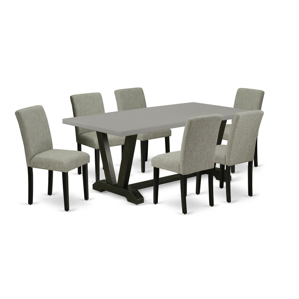 V697A5SJW-X 7 Pc Dining Set Rectangle Table with Stylish V-Legs & 6 Shitake Linen Seats, Multi-Color 40x72