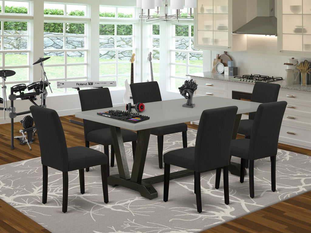 V697AMXX6-H Dining Set Wood Table with V-Legs & 6 Linen Upholstered Chairs, Multi-Tone, 40x72 Inches