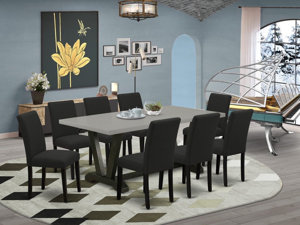 V697AUG4A-U 9-Piece Dining Ensemble Rectangular Table with Unique V-Legs & 8 Comfy Parson Chairs, Multicolor Elegance