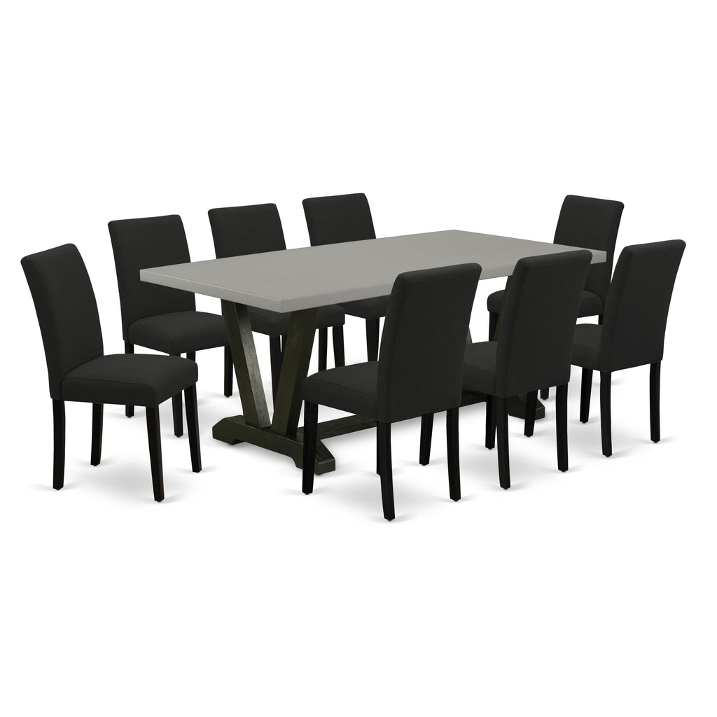 V697AUG4A-U 9-Piece Dining Ensemble Rectangular Table with Unique V-Legs & 8 Comfy Parson Chairs, Multicolor Elegance