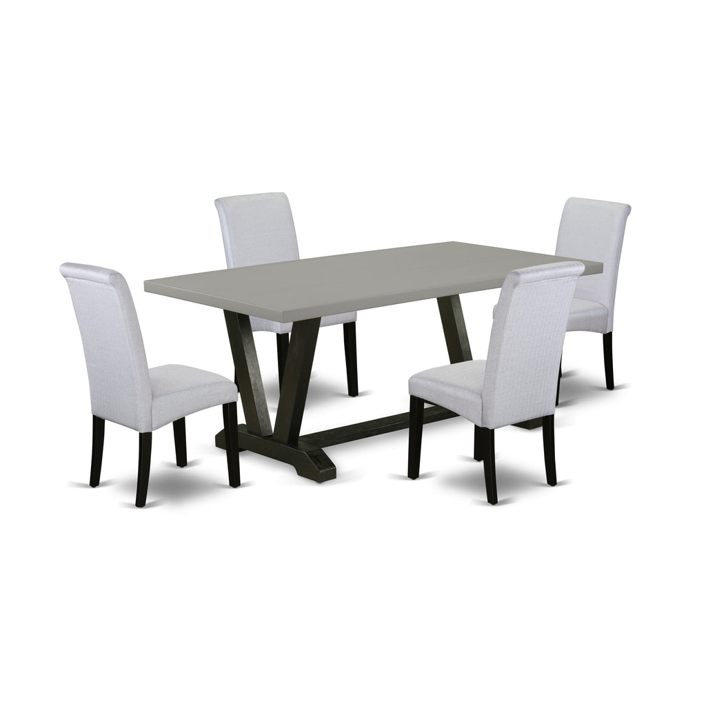 V697B4XRO-7 7-Piece Dining Collection Elegant Rectangular Table with V-Style Design and 4 Comfort Linen Chairs, 40 x 72, Colorful Multiple Tones