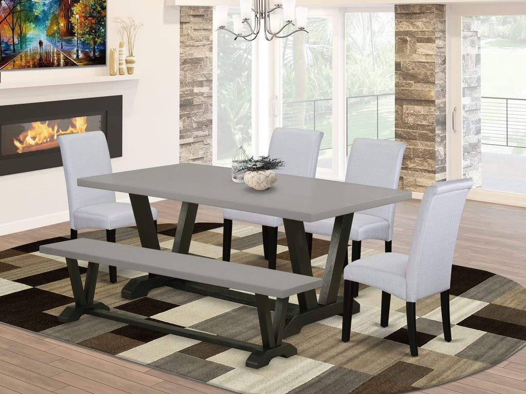 V697BC94A-G Elegant 6-Piece Dining Ensemble with Generous Rectangular Table, Chairs & Bench - Black & Cement Finish