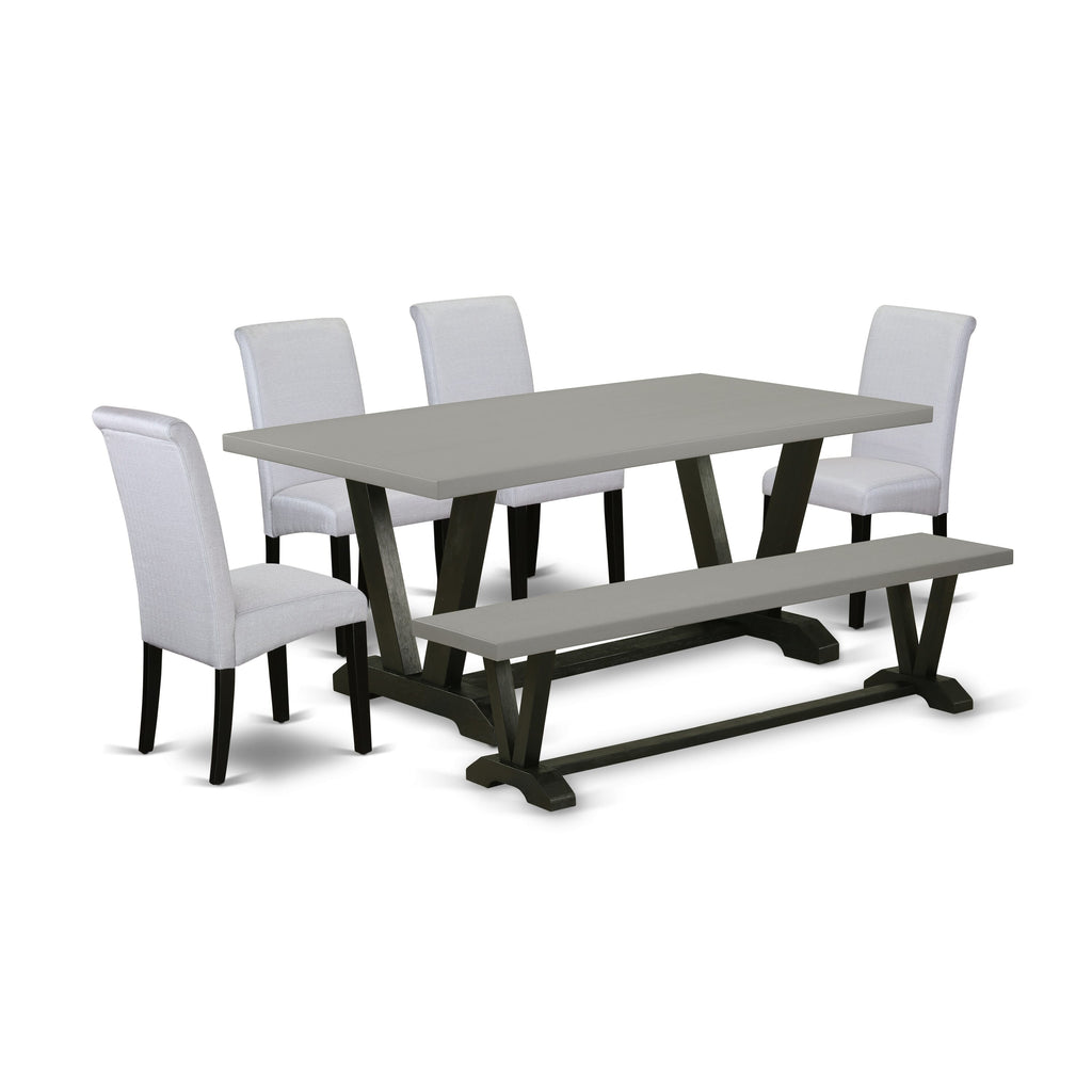 V697BC94A-G Elegant 6-Piece Dining Ensemble with Generous Rectangular Table, Chairs & Bench - Black & Cement Finish