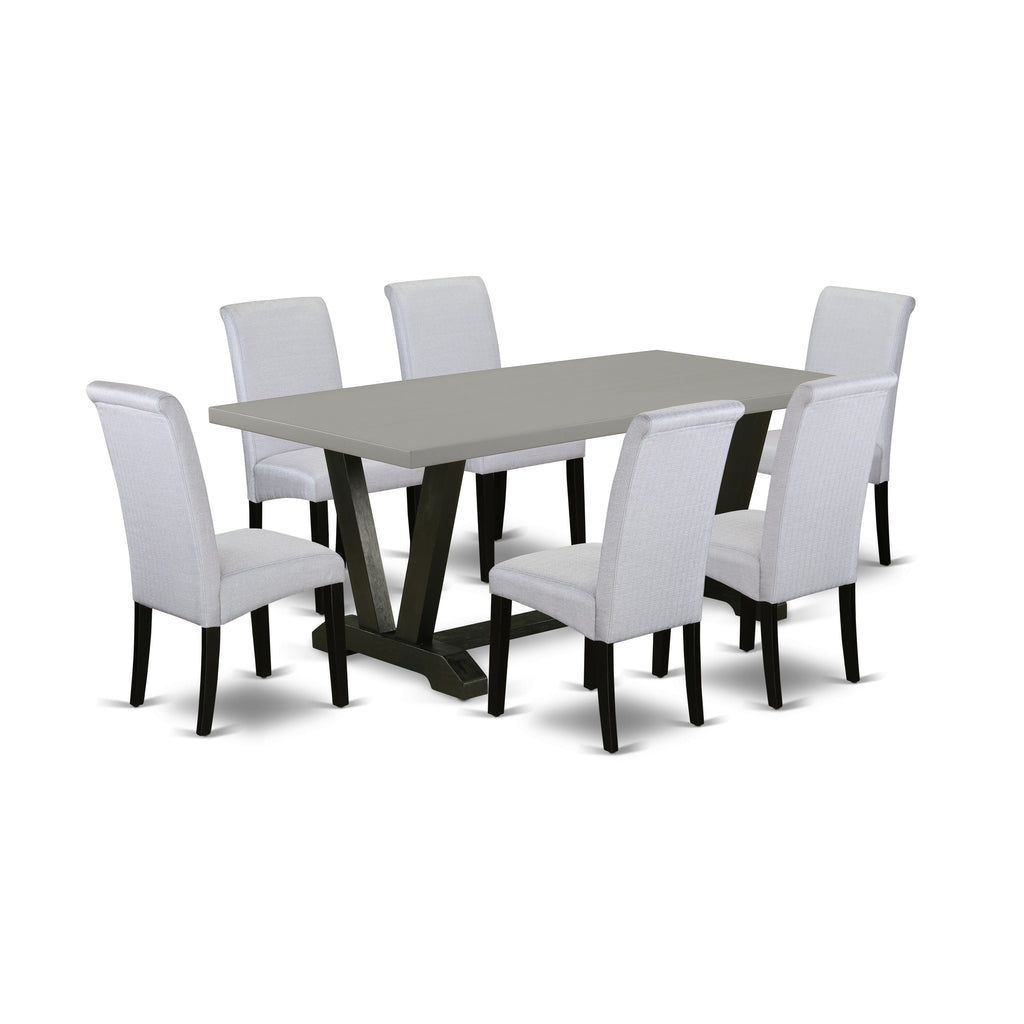 V697BR6ZU-S 7-Piece Dining Room Ensemble Rectangular Table with Stylish V-Legs & Six Grey Linen Chairs