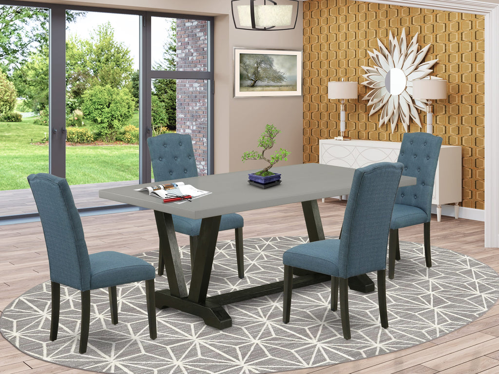 Dining Set V697CJAXH-X with V-Leg Table and 4 Blue Fabric Chairs, 5 Piece, Multi-Color