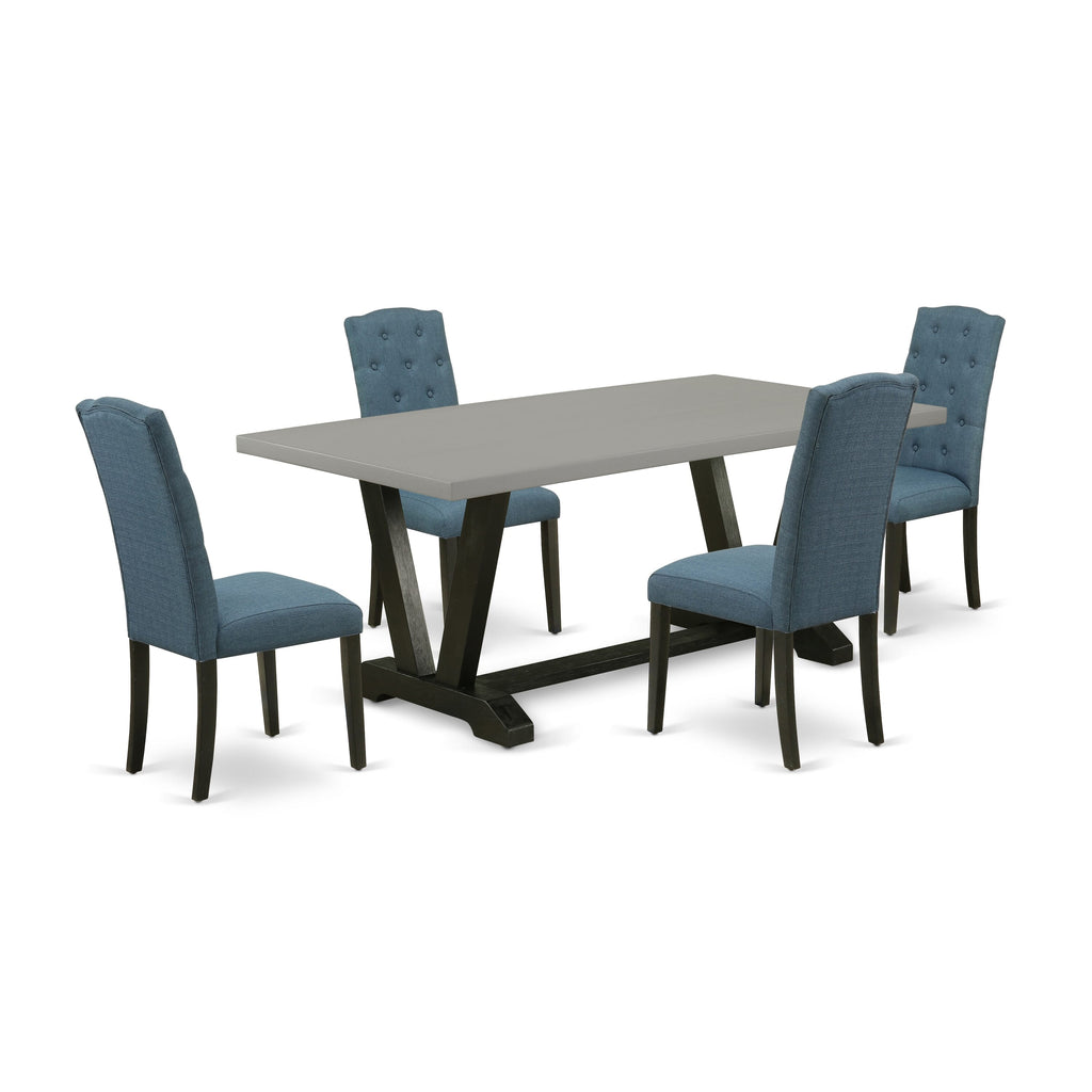 Dining Set V697CJAXH-X with V-Leg Table and 4 Blue Fabric Chairs, 5 Piece, Multi-Color
