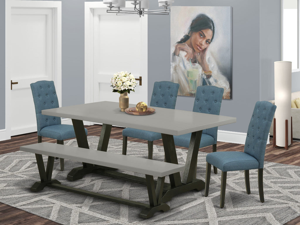 V697CUO2H-7 Dining Ensemble Rectangular Table, Seating with 4 Chairs, Bench in Black & Cement Finish
