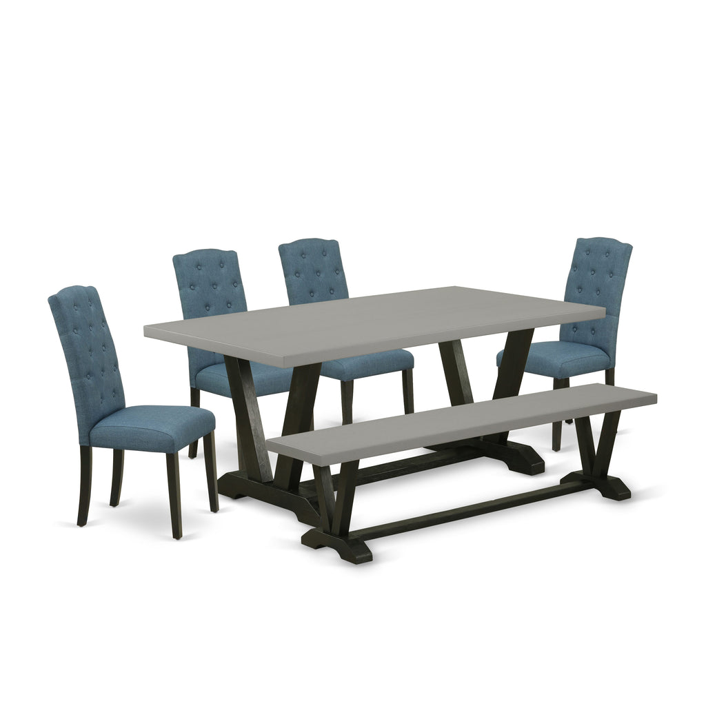 V697CUO2H-7 Dining Ensemble Rectangular Table, Seating with 4 Chairs, Bench in Black & Cement Finish