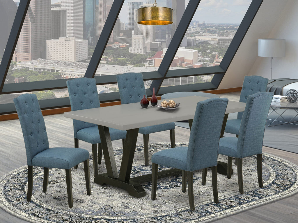 V697CYV7S-9 7-Piece Dining Set with V-Legged Table and Mineral Blue Chairs, Multi-Color Elegance