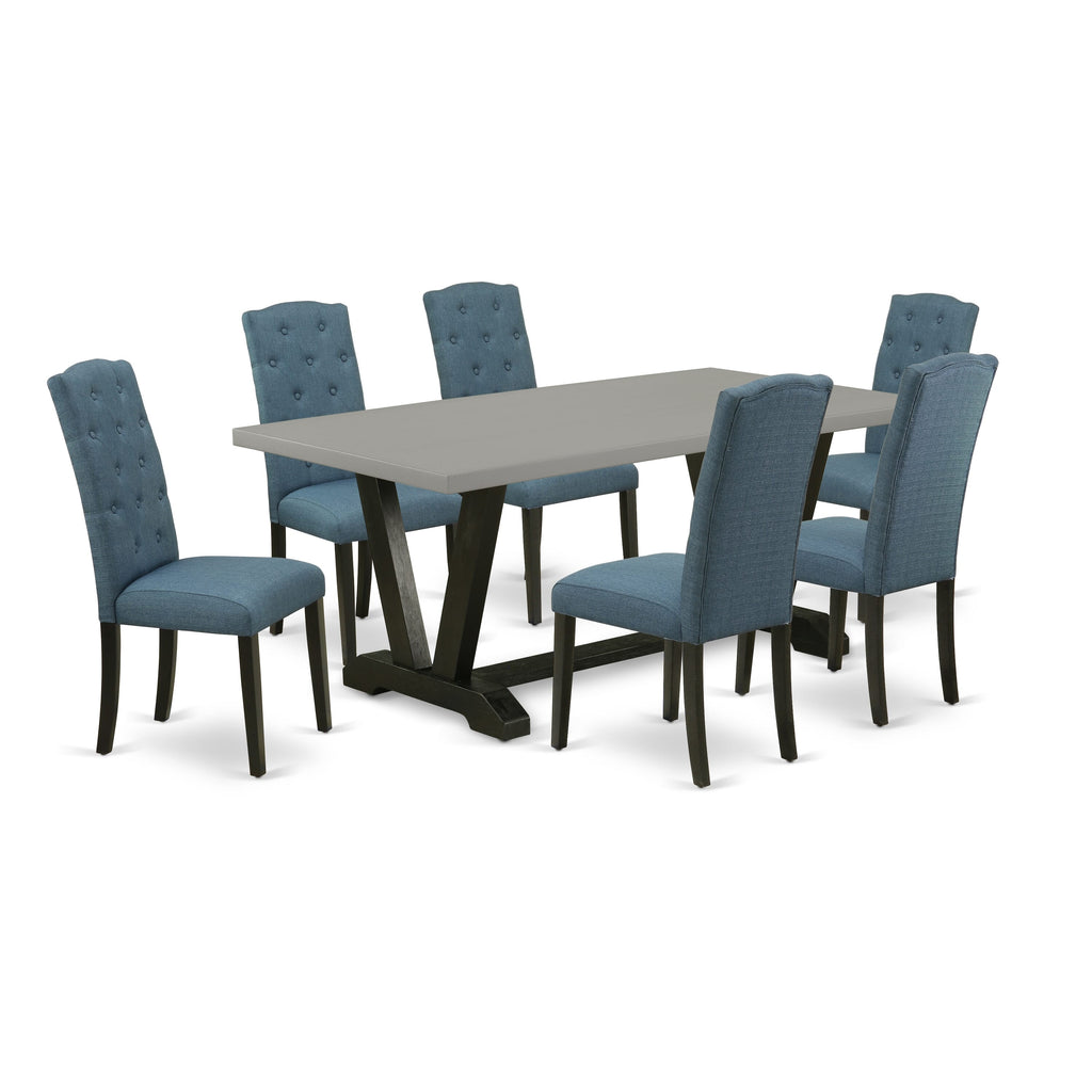 V697CYV7S-9 7-Piece Dining Set with V-Legged Table and Mineral Blue Chairs, Multi-Color Elegance