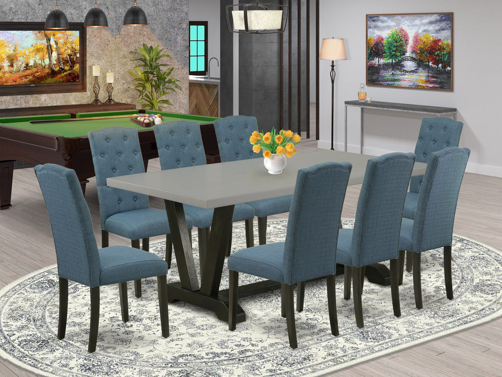 Rectangle Table Set V697C62Y9-C with V-Legs & 8 Mineral Blue Chairs, 40x72 Inch, 9 Piece Dining Ensemble