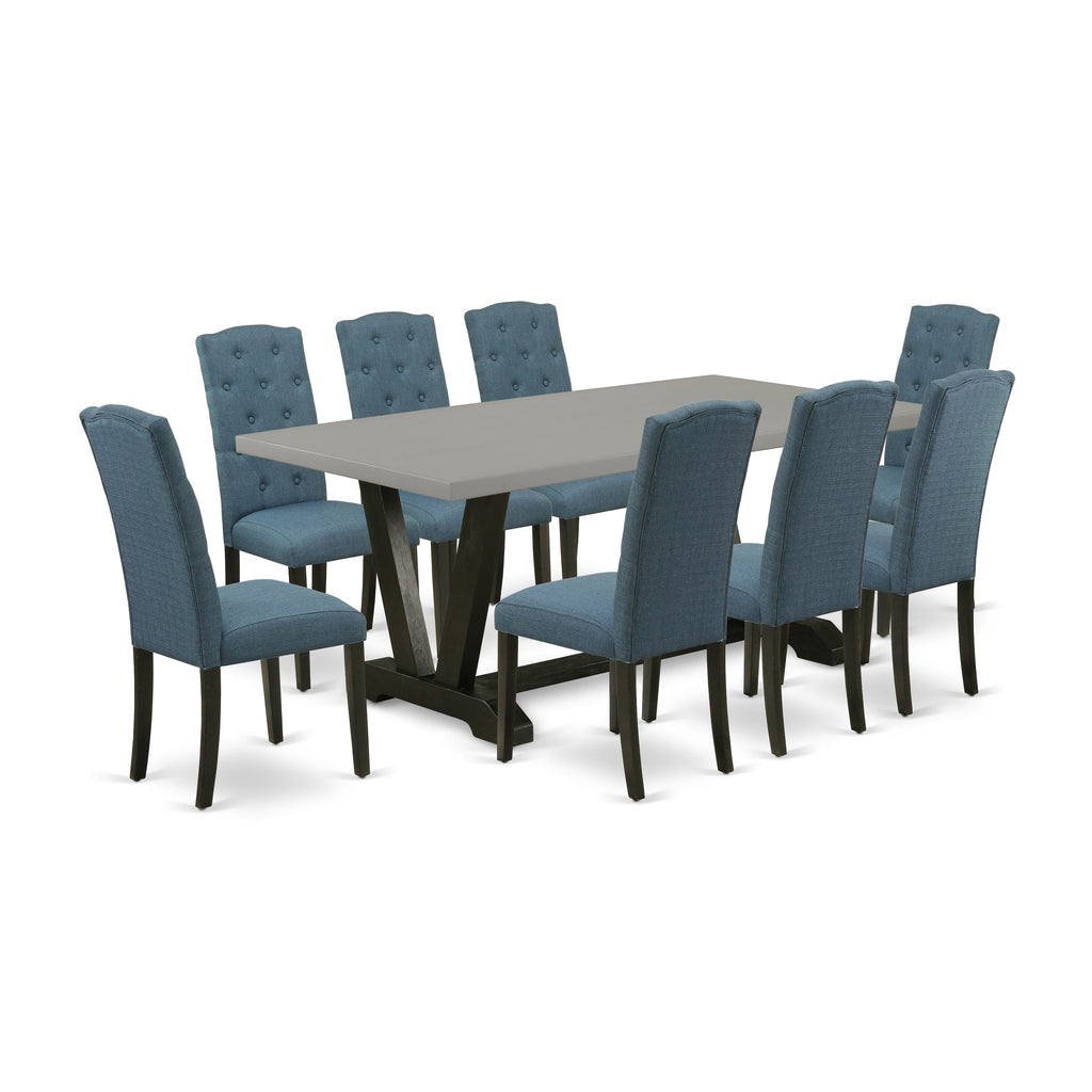 Rectangle Table Set V697C62Y9-C with V-Legs & 8 Mineral Blue Chairs, 40x72 Inch, 9 Piece Dining Ensemble