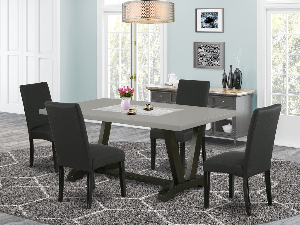 V697DNCER-U Modern 5-Piece Dining Set Rectangular Table with V-Legs and 4 Black Linen Upholstered Chairs, 40x72 Inch, Multi-Color