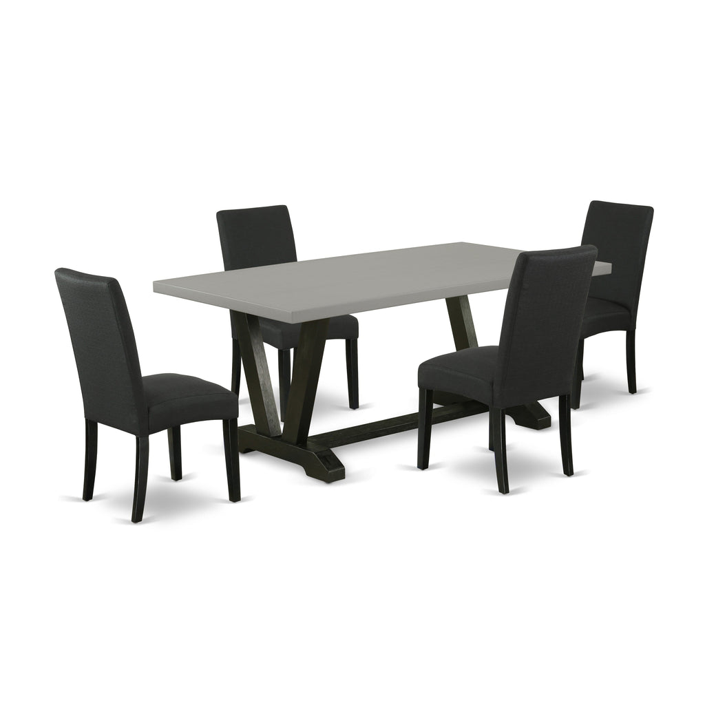 V697DNCER-U Modern 5-Piece Dining Set Rectangular Table with V-Legs and 4 Black Linen Upholstered Chairs, 40x72 Inch, Multi-Color