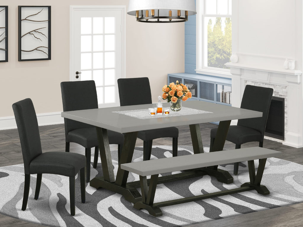V697DNX3T-O Dining Ensemble Rectangle Table with V-Legs, 4 Black Parson Chairs & Bench