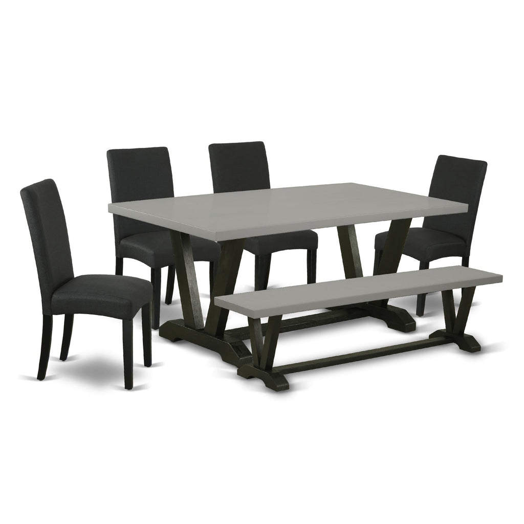 V697DNX3T-O Dining Ensemble Rectangle Table with V-Legs, 4 Black Parson Chairs & Bench