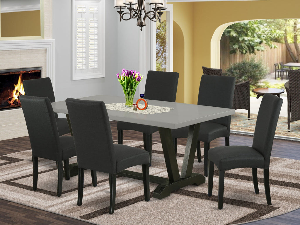 V697D57CO-Z 7-Piece Contemporary Dining Furniture Set Featuring Rectangular V-Leg Table and 6 Black Upholstered Chairs, 40x72