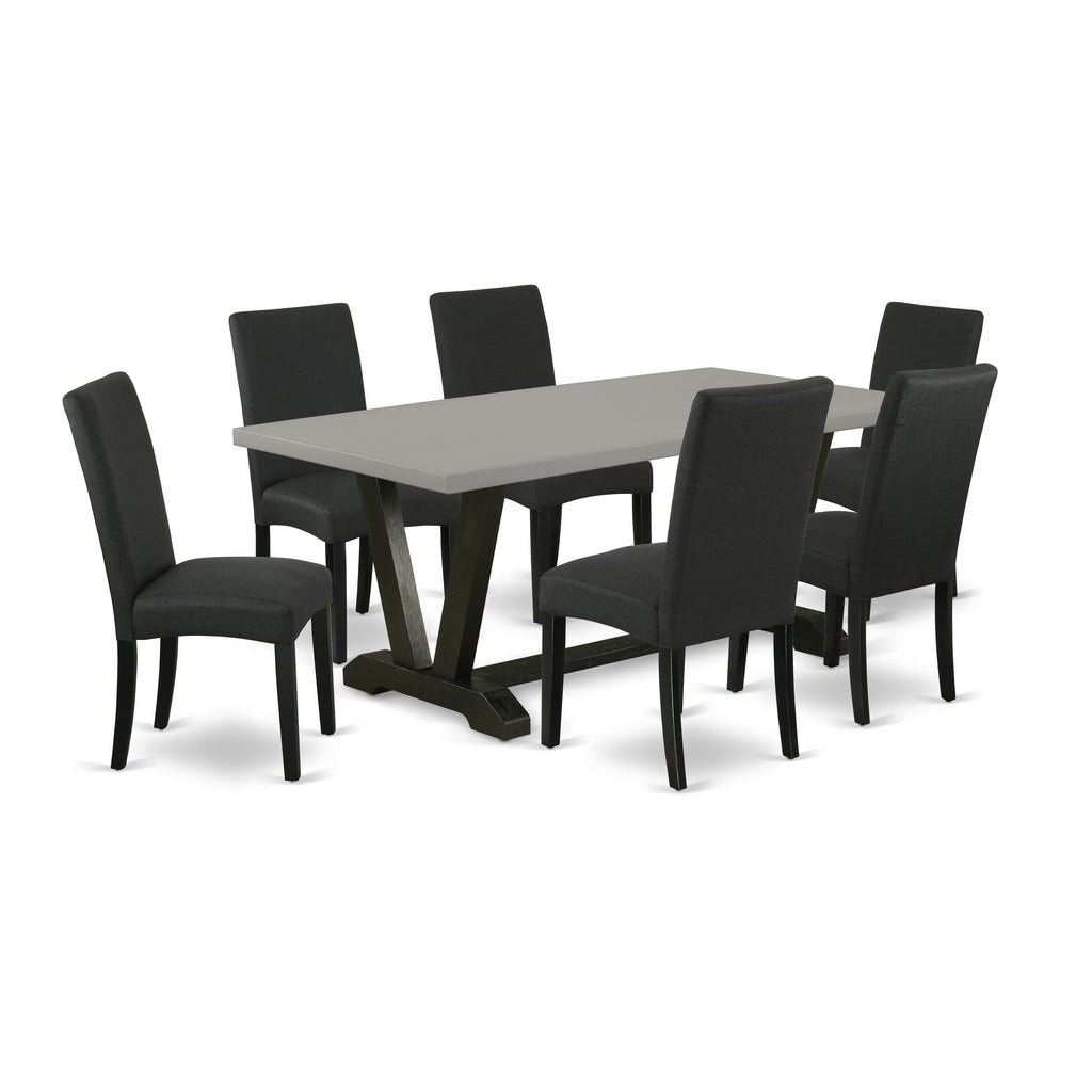 V697D57CO-Z 7-Piece Contemporary Dining Furniture Set Featuring Rectangular V-Leg Table and 6 Black Upholstered Chairs, 40x72