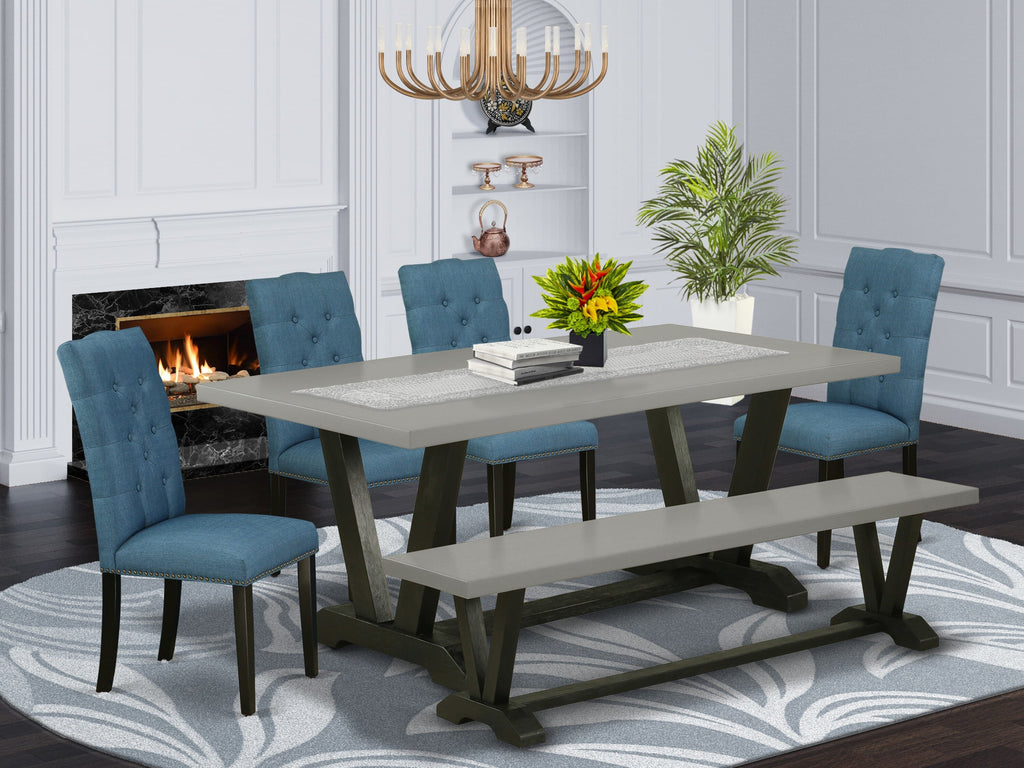 V697E4YAI-P 6-Piece Dining Ensemble Rectangular Table with V-Shaped Legs & Blue Parson Chairs with Bench, Multi