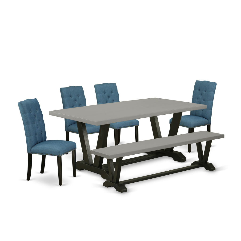 V697E4YAI-P 6-Piece Dining Ensemble Rectangular Table with V-Shaped Legs & Blue Parson Chairs with Bench, Multi