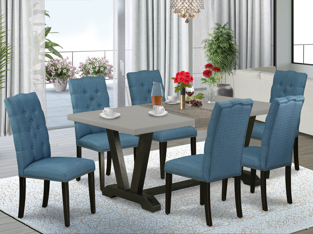 Elegant V697EWTAN-Y Dining Collection 7-Piece V-Leg Table and Luxe Blue Fabric Chairs Set - 40x72