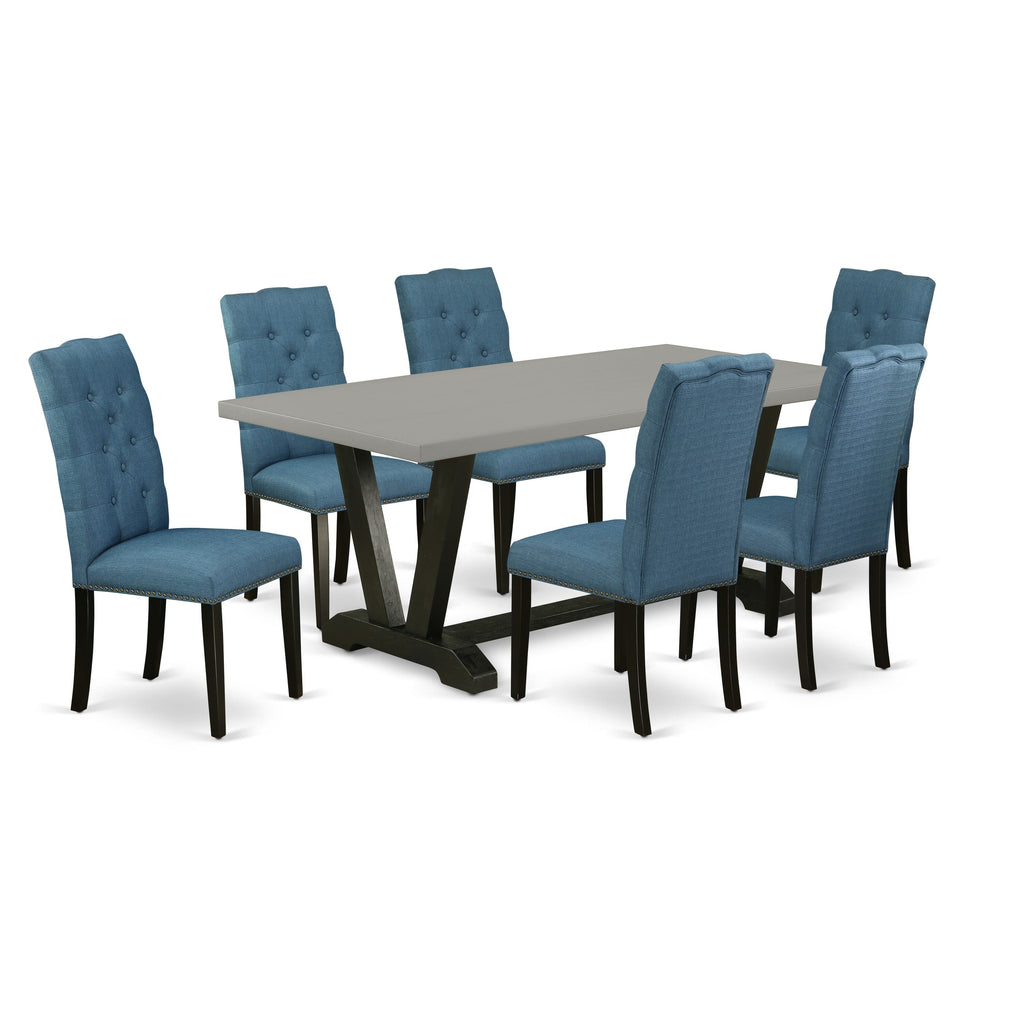 Elegant V697EWTAN-Y Dining Collection 7-Piece V-Leg Table and Luxe Blue Fabric Chairs Set - 40x72