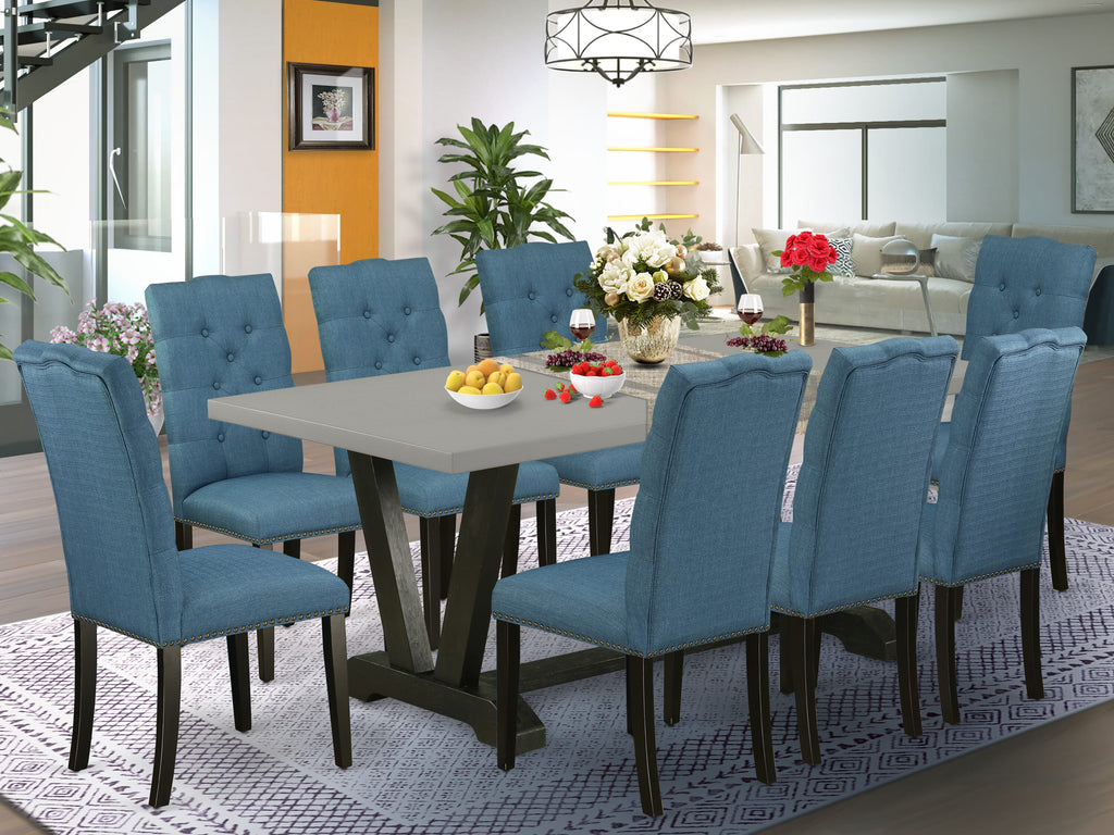 V697ENHDR-P 9-Piece Dining Set with V-Leg Table and Blue Parson Chairs, Multi-Color Fabric 40x72 Inches