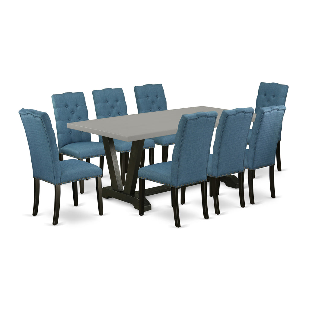 V697ENHDR-P 9-Piece Dining Set with V-Leg Table and Blue Parson Chairs, Multi-Color Fabric 40x72 Inches
