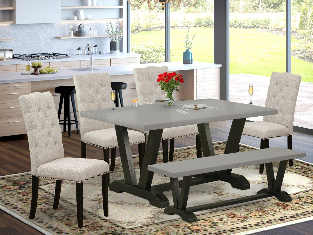 Dining Set V697EX535-T 6-Piece V-Legs Table, Fabric Parsons & Bench