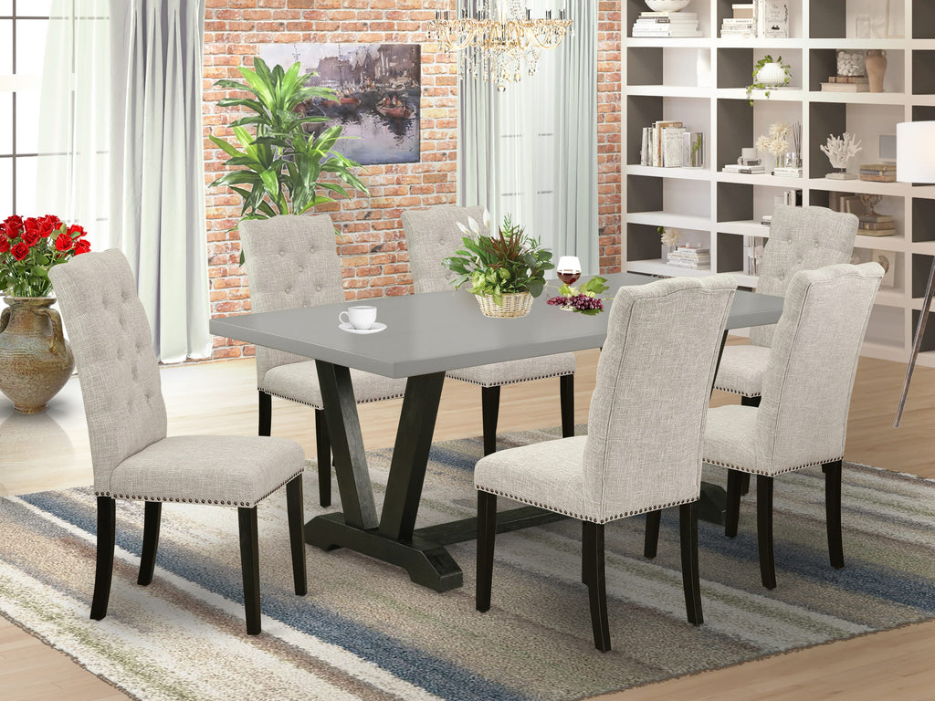 V697E7FBP-Z 7-Piece Dining Set with Rectangle Table and V-Legs, Includes 6 Doeskin Linen Chairs, Multi-Color, 40x72 Inch