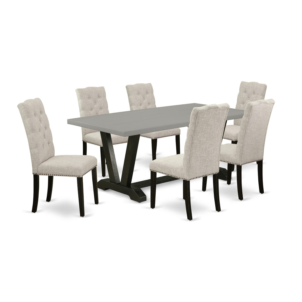 V697E7FBP-Z 7-Piece Dining Set with Rectangle Table and V-Legs, Includes 6 Doeskin Linen Chairs, Multi-Color, 40x72 Inch