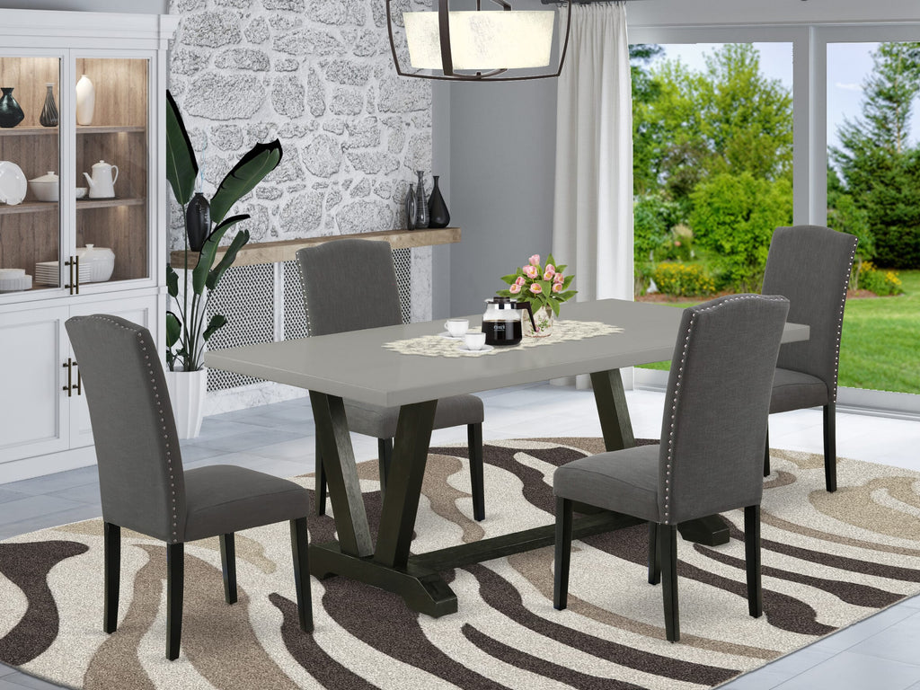 V697EPTZV-9 9-Piece Dining Room Set with Rectangular Table with V-Legs and 5 Gotham Linen Parson Chairs, Multi-Toned