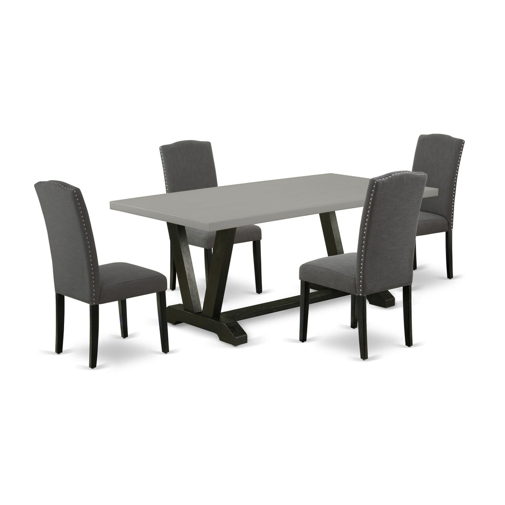 V697EPTZV-9 9-Piece Dining Room Set with Rectangular Table with V-Legs and 5 Gotham Linen Parson Chairs, Multi-Toned