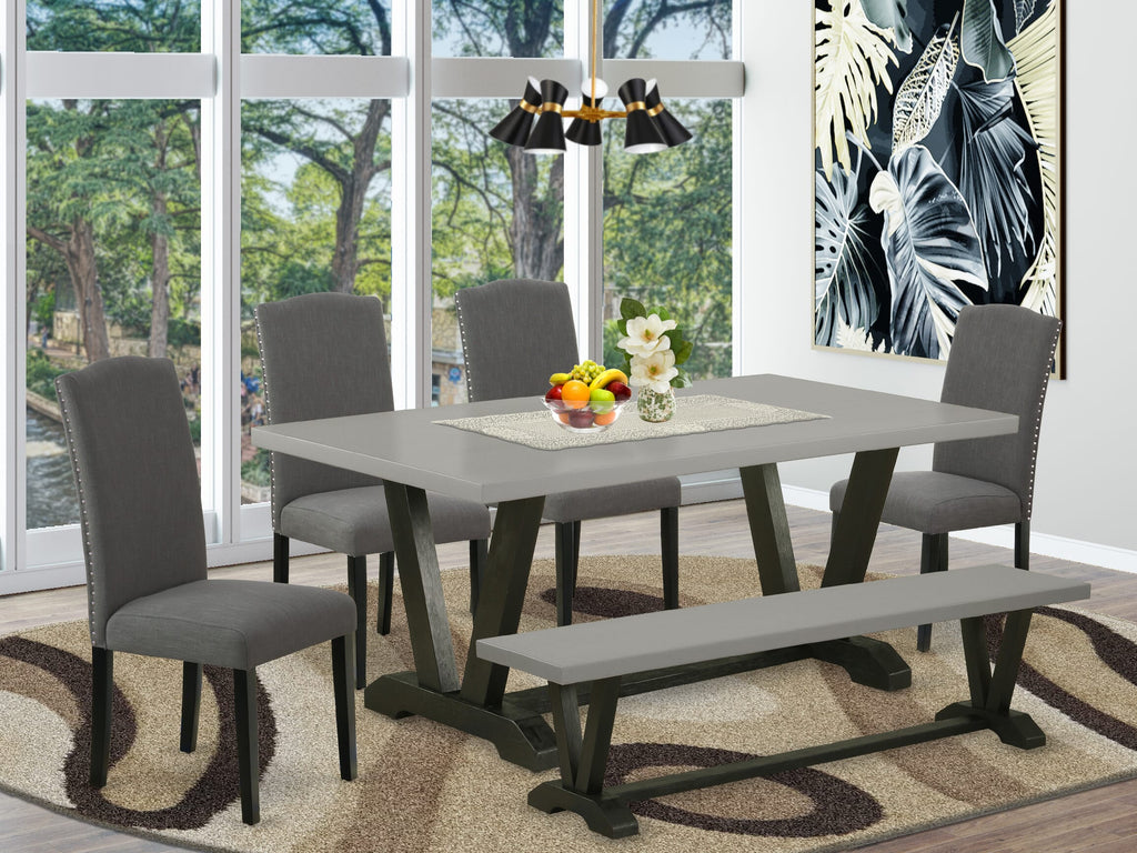 V697ETHAF-T 6 Piece Rectangle Dining Ensemble - V-Legged Table with Parson Chairs & Bench, 40x72 Multi-Color Set