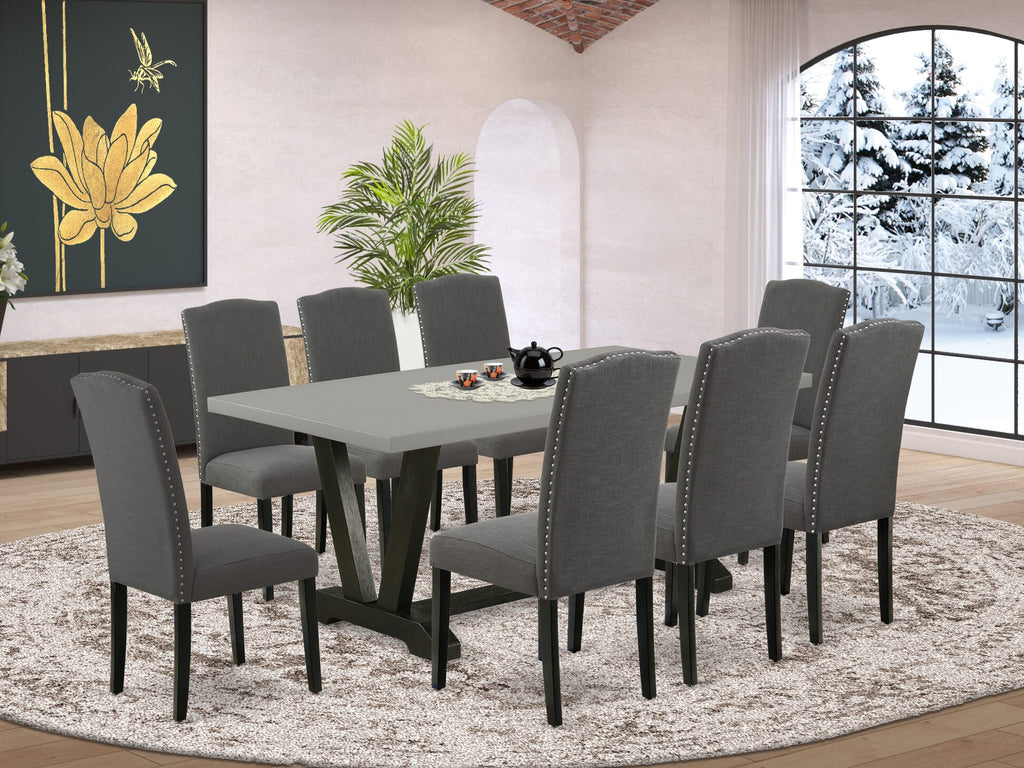 V697EUMK1-V Elegant 9-Piece Rectangle Wooden Dining Set with V-Legs and Gotham Fabric Chairs