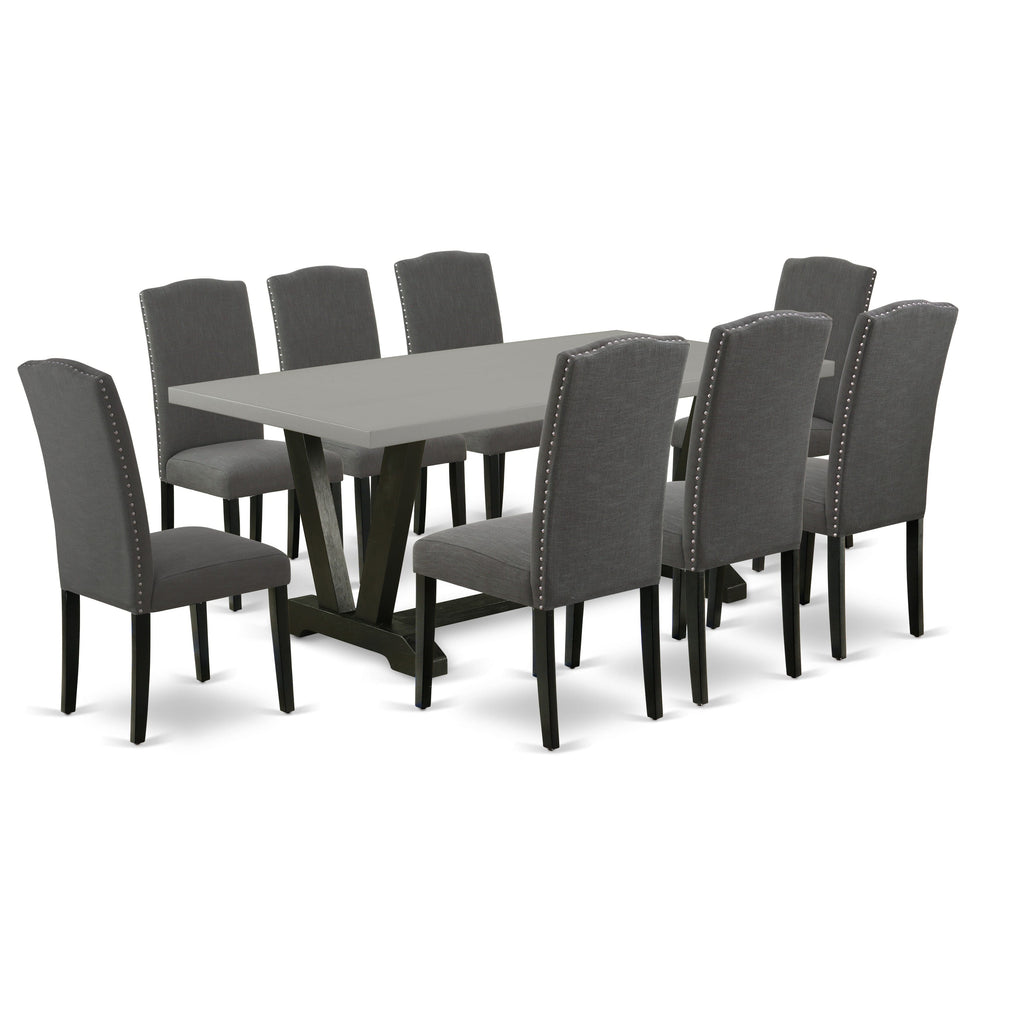 V697EUMK1-V Elegant 9-Piece Rectangle Wooden Dining Set with V-Legs and Gotham Fabric Chairs