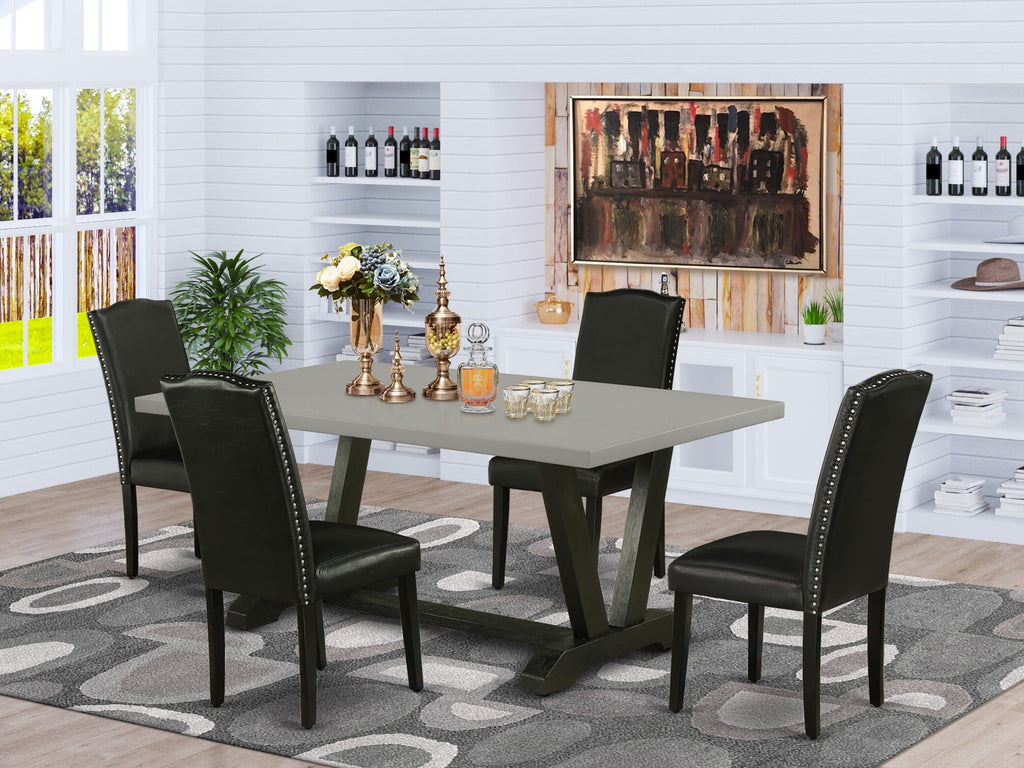 V697E5H83-0 Dinette Set 5-Piece Table with V-Shape Legs & 4 Black Parson Chairs, 40x72 In, Multi-Color