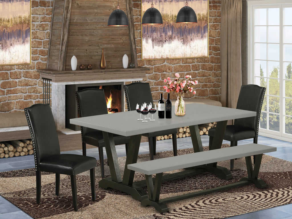 V697EV3TL-0 6-Piece Contemporary Dining Set w/ Rectangular Table & V-Legs, 4 Leather Parson Chairs & Bench