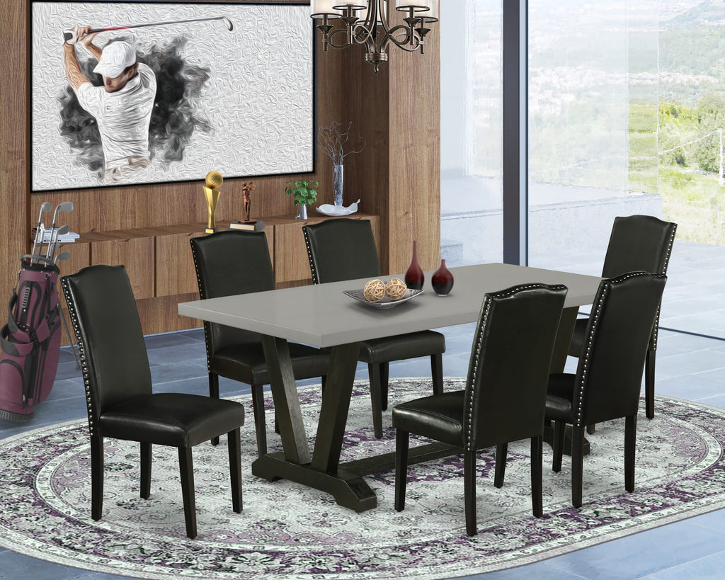 Elegant Dining Set V697EPEA9-1 with V-Leg Table & 6 Parson Chairs in Black Faux Leather, 7 Piece, 40x72 Multi-Hued Design