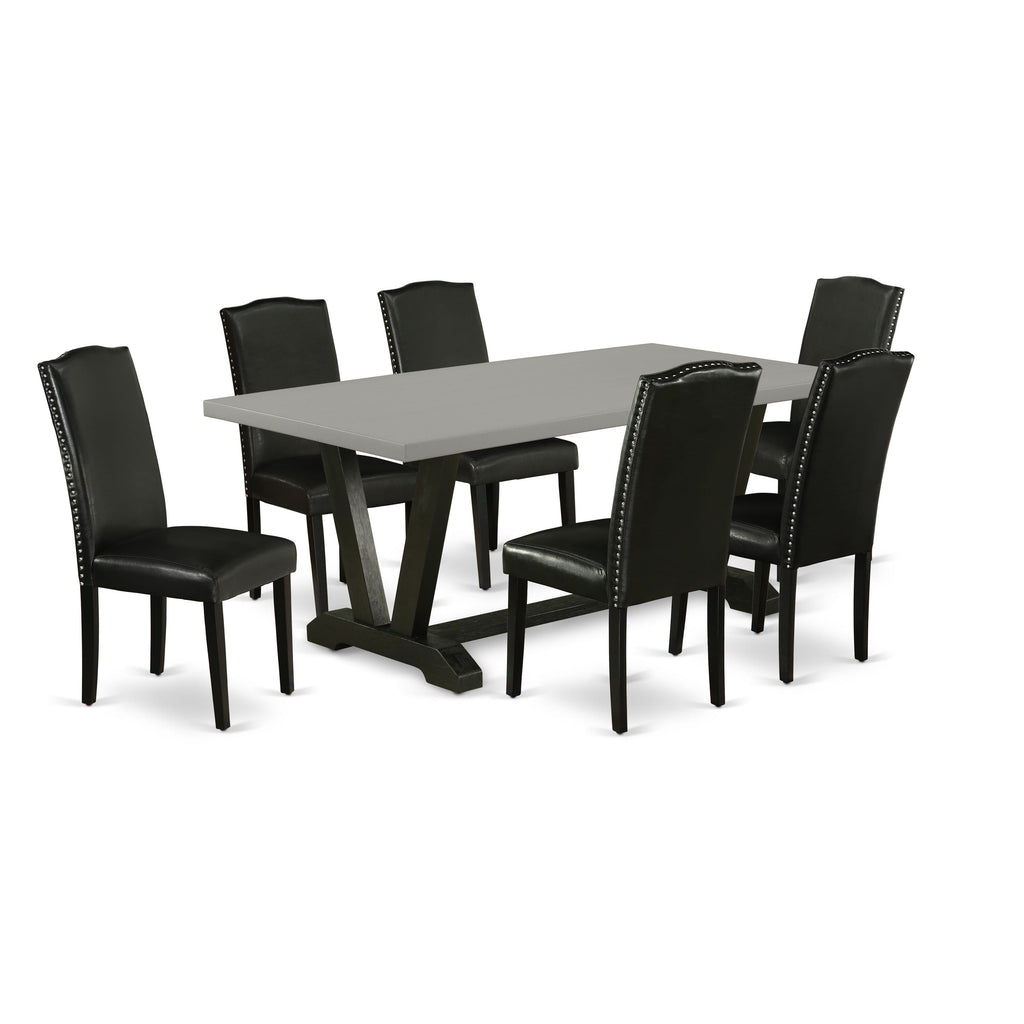 Elegant Dining Set V697EPEA9-1 with V-Leg Table & 6 Parson Chairs in Black Faux Leather, 7 Piece, 40x72 Multi-Hued Design