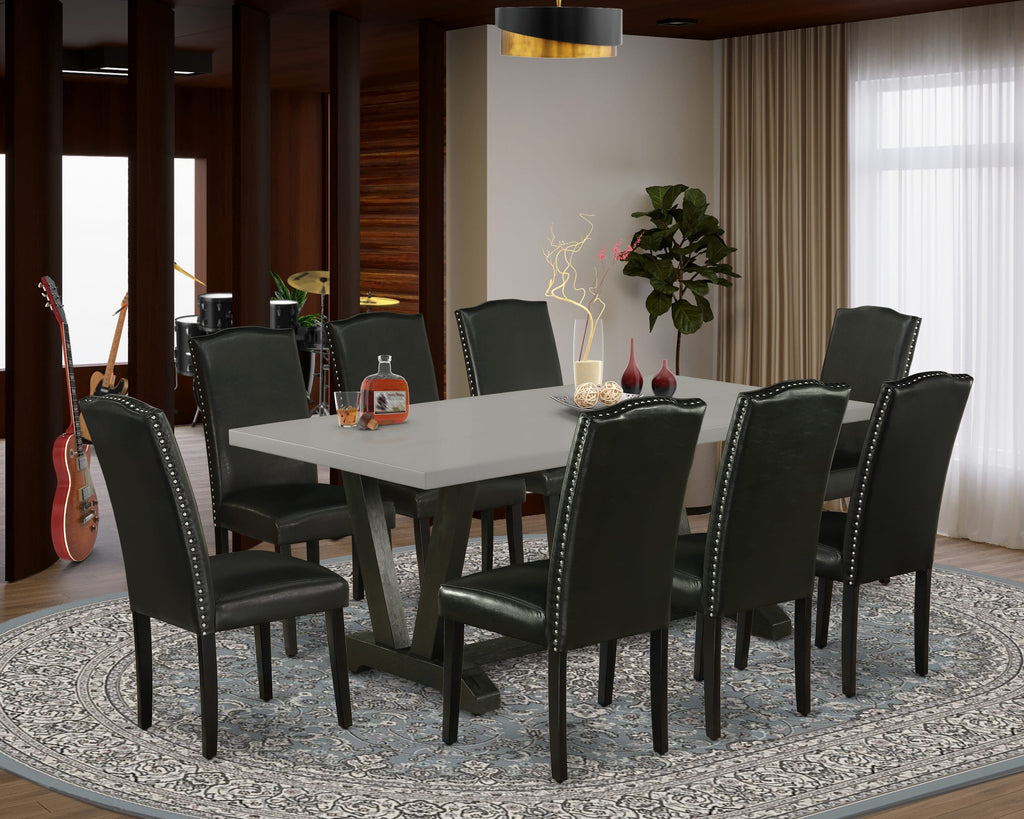 V697EUQVP-1 9-Piece Dining Ensemble with Modern V-Leg Table and 8 Faux Leather Parsons Chairs, Multicolor